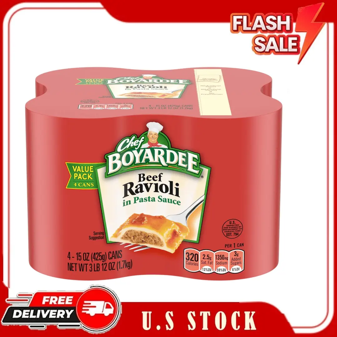 Beef Ravioli in Tomato Sauce, 15 oz Cans, 4 Pack, Ready to Eat Pasta Meal with Real Beef, Quick Heat & Serve, Easy Open Lid