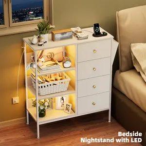 Tall Nightstand with LED Light & Charging Station – Bedside Table with 4 Drawers & 3-Tier Open Shelf, Modern Storage Cabinet with Wood Top & Metal Frame for Bedroom, Living Room, Apartment, 28.3"W x 11.4"D x 31.9"H