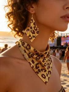 2-Piece Vintage Leopard Print Bandana Triangle Scarf Necklace + Earrings • Trendy Minimalist & Unique • Punk Y2K • Music Festival & Beach Ready • Perfect Gift Set