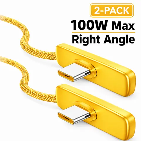Ye C-C 2-Pack 100W PD Right Angle Super Fast Charging Cables, Braided Nylon Durable Cord with Anti-Break Reinforced Head, 45W/60W PPS Boost, EU Type Plug for Gaming Desk, Compatible with Smartphone, Cellphone, iPhone, Samsung Android, Tablets & Devices