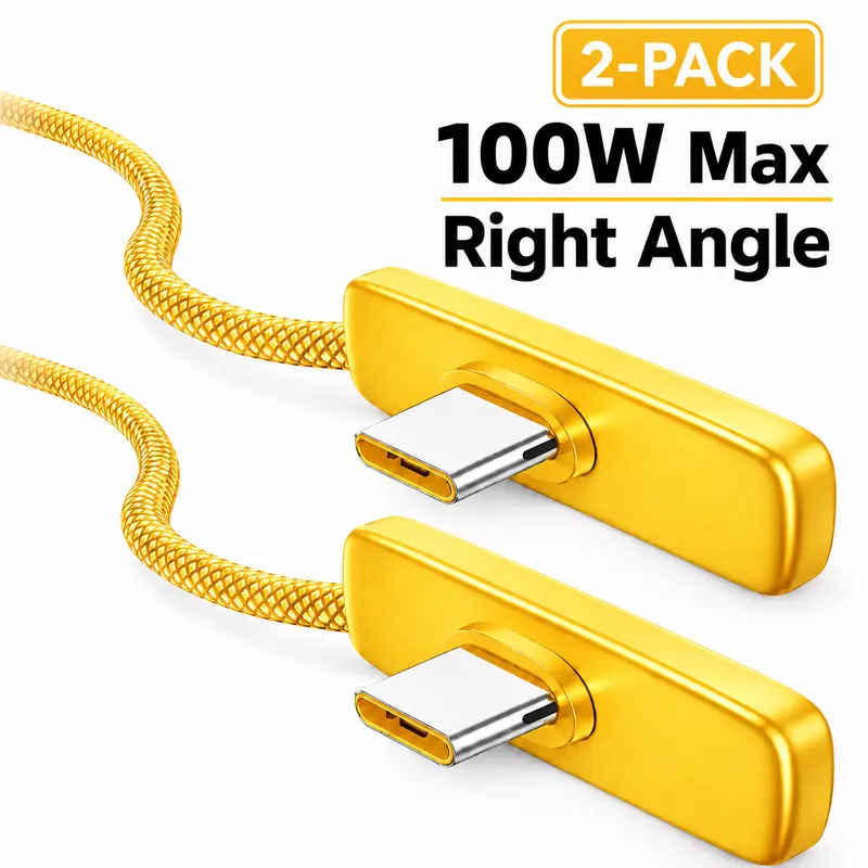 Ye C-C 2-Pack 100W PD Right Angle Super Fast Charging Cables, Braided Nylon Durable Cord with Anti-Break Reinforced Head, 45W/60W PPS Boost, EU Type Plug for Gaming Desk, Compatible with Smartphone, Cellphone, iPhone, Samsung Android, Tablets & Devices