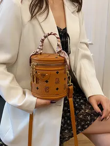 New Bucket Bag 2026 Classic Printed Shoulder Bag, Fashion Versatile Crossbody Bag with Scarf, Elegant Round Cylinder Bag