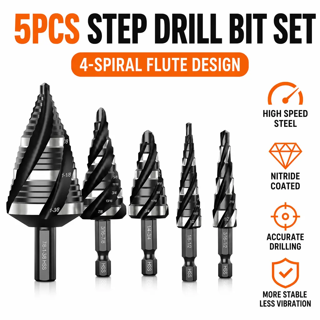 HSS Drill Step Bits Set (3pcs/5pcs) - 4 Spiral Flute Unibit Tool Bits with Blades for Metal Cutting, Drilling, Metalworking on Metal, Wood, Plastic, Metal Cutting Step Bits