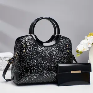 Light Luxury Curve Tote Bag, Medium Size Women's 2-Piece Handbag Set with Elegant Floral Embossed Glossy Leather Appearance