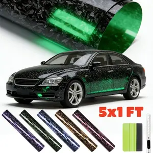 FONESO 5x1 FT Gloss Forged Carbon Car Body Sticker, Comes with Scraper Cutting Knife Tool, Two Color Reflective Self Adhesive Fibre Decal Vinyl Wraps Stripe Sticker Air Release DIY Vehicle Interior and External Accessories Decoration Set Universal