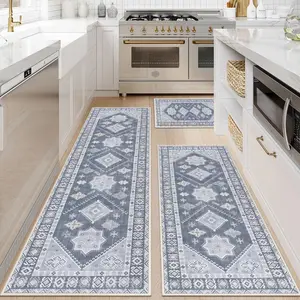 Bohemian Blue Retro Geometric Pattern Kitchen Rug Set, Easy Storage Floor Mat, Precision Bound Non-Fraying Bath Laundry Room Carpet, Boho Runner Rug, Bohemian Style Rugs