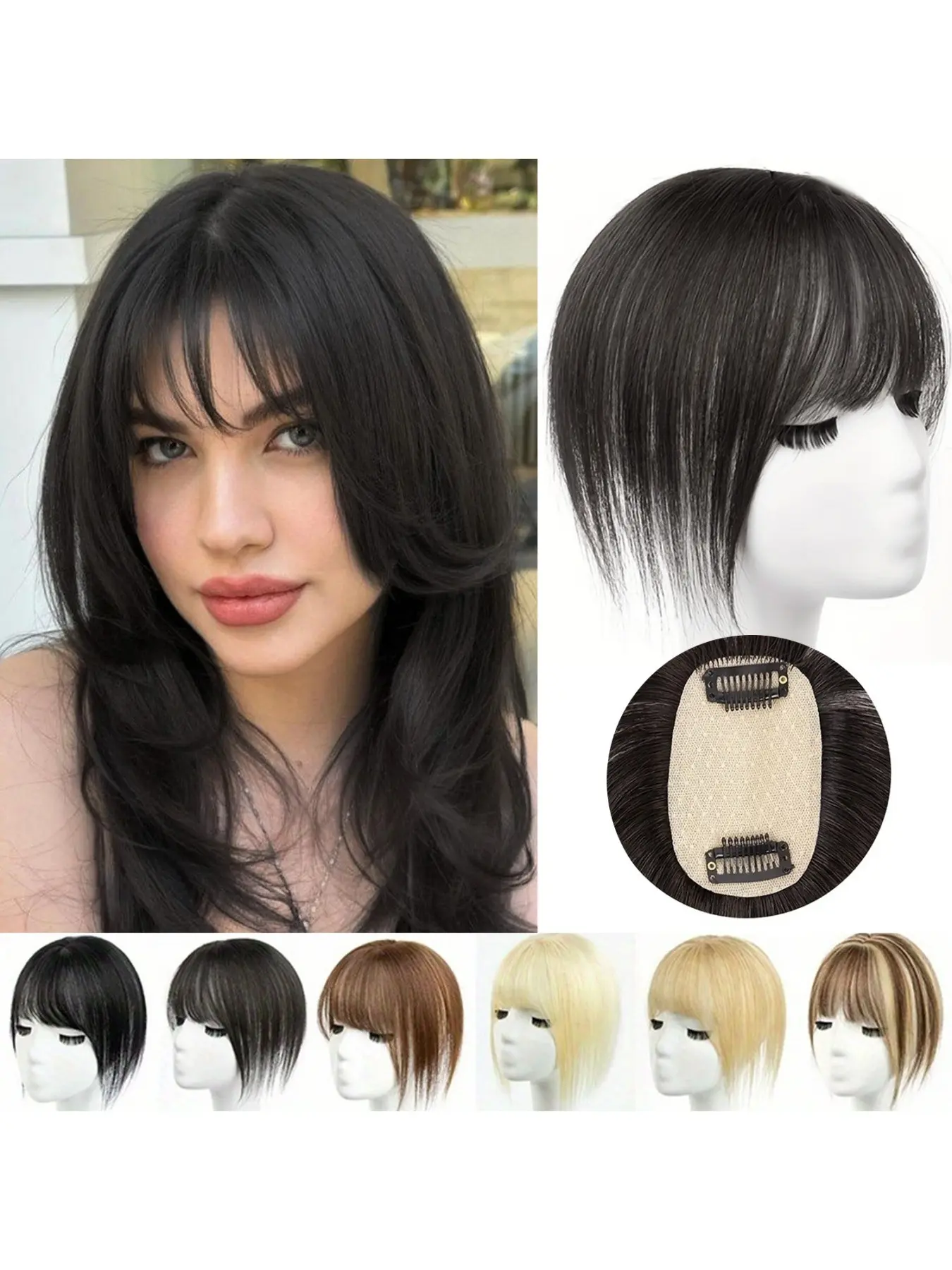 Real Human Hair Silky Topper for Women, Suitable for Thinning Hair & Bald, Clip-In/adhesive One-Piece Hairpiece with Bangs, 5x9cm Base, Straight Human Hair, Natural Looking Hair