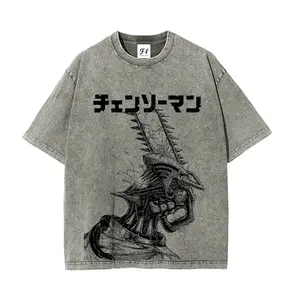 Denji x Reze Chainsaw Man Acid wash Anime Double Printed Vintage Washed Tee Unisex Oversize Anime Manga Heavyweight Cotton T-shirt