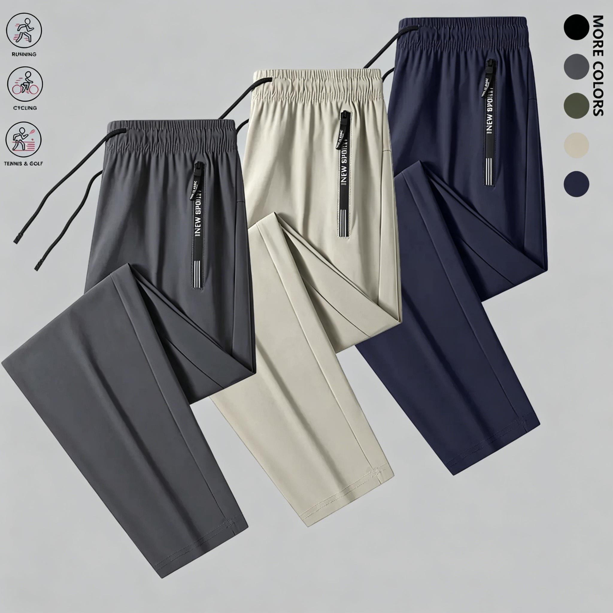 Men’s slim fit ice silk cool-touch lightweight long pants, 3-pack — drawstring elastic waistband design, zippered pockets; a summer essential for everyday casual wear. This flat-foot long pants is ideal for outdoor running and fitness.
