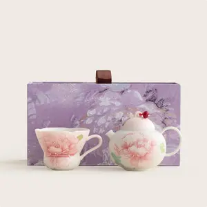 Hand-painted pink peony flower teapot with one cup in a gift box, practical gift