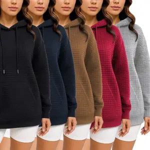 Women's Waffle-Weave Hooded Sweatshirt - Long-Sleeve Kangaroo Pocket Pullover, Cozy Fall/Winter Essential, Multi-Color & Drawstring Comfort Womenswear Customized