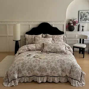 Vintage Linen-Like Feeling Soft Comfortable Bedding Set, Breathable Duvet Set, Includes One Duvet cover and Two Pillowcases, Wide Hem Ruffle Print, All-Season Use