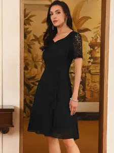 INSPIRE CHIC Women's Lace Chiffon Dresses Ruffle Workwear Wedding Cocktail Midi Dress Black