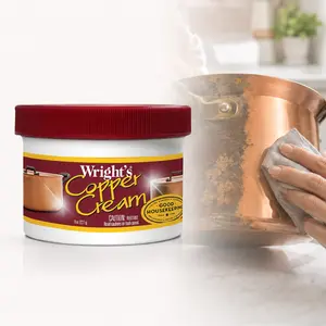 Wright's Copper Polish Cream 8 Oz, copper brass cleaner, 3-in-1 clean shine restore, removes tarnish, discoloration, high heat, food spills, odor-free, easy apply, rinse-off, anti-tarnish protection, cookware, mugs, pots, pans, sinks, hardware, doorknobs