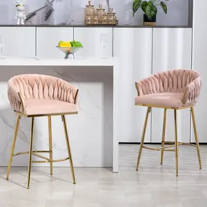 26'' Counter height bar stools Set of 2 kitchen island counter bar stool with hand- wave back,golden chromed base and footrest(PINK)    RR