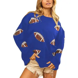 Womens Sparkle Football Sequin Rugby Sweatshirt Game Day Crewneck Oversized Shirt Long Sleeve Fleece Pullover lover Elegant Solid Color Crew Neck Tee honey Fit Style Womenswear Hoodie
