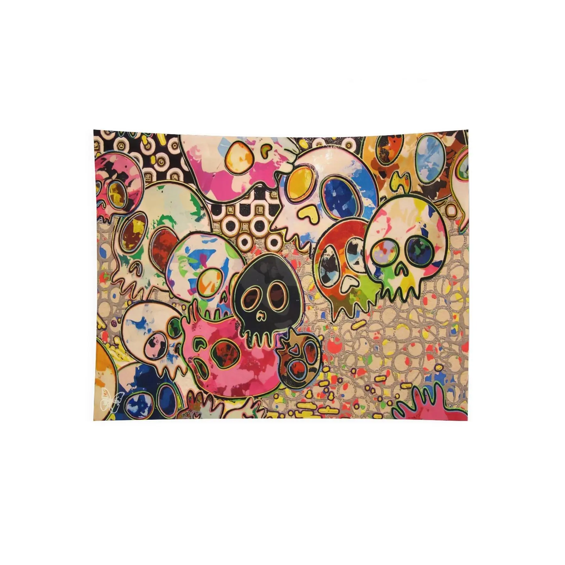 Colorful Melting Skull Graffiti Wall Tapestry, Funky Y2K Psychedelic Room Decor