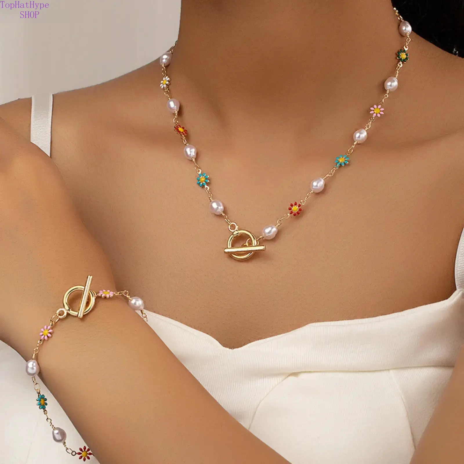 Women’s Trendy Korean‑Style Jewelry Set, Colorful Daisy & Heart Pearl Necklace & Bracelet, Elegant Minimalist Dainty Design, Ideal for Daily Commute, Casual Outings & Everyday Styling