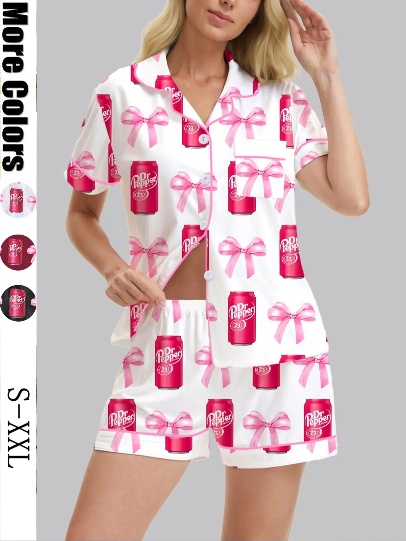 Women's Dr Pepper Pajama Loungewear Set Nightwear, Pajama Lounge Sets, Loungewear Pajamas, Soft Fabric, Elegant All-Over Print, Casual Short Sleeve Top & Elastic Shorts, Perfect for Home & Travel
