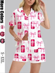 Women's Dr Pepper Sleepwear Set, Soft Fabric, Elegant All-Over Print, Casual Short Sleeve Top & Elastic Shorts, Perfect for Home & Travel