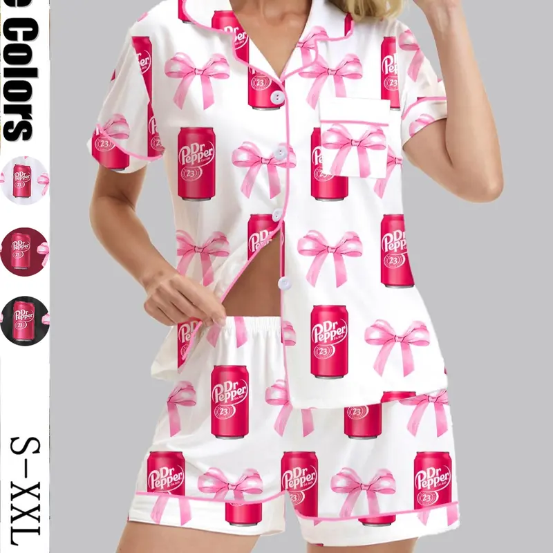 Women's Dr Pepper Pajama Loungewear Set Nightwear, Pajama Lounge Sets, Loungewear Pajamas, Soft Fabric, Elegant All-Over Print, Casual Short Sleeve Top & Elastic Shorts, Perfect for Home & Travel