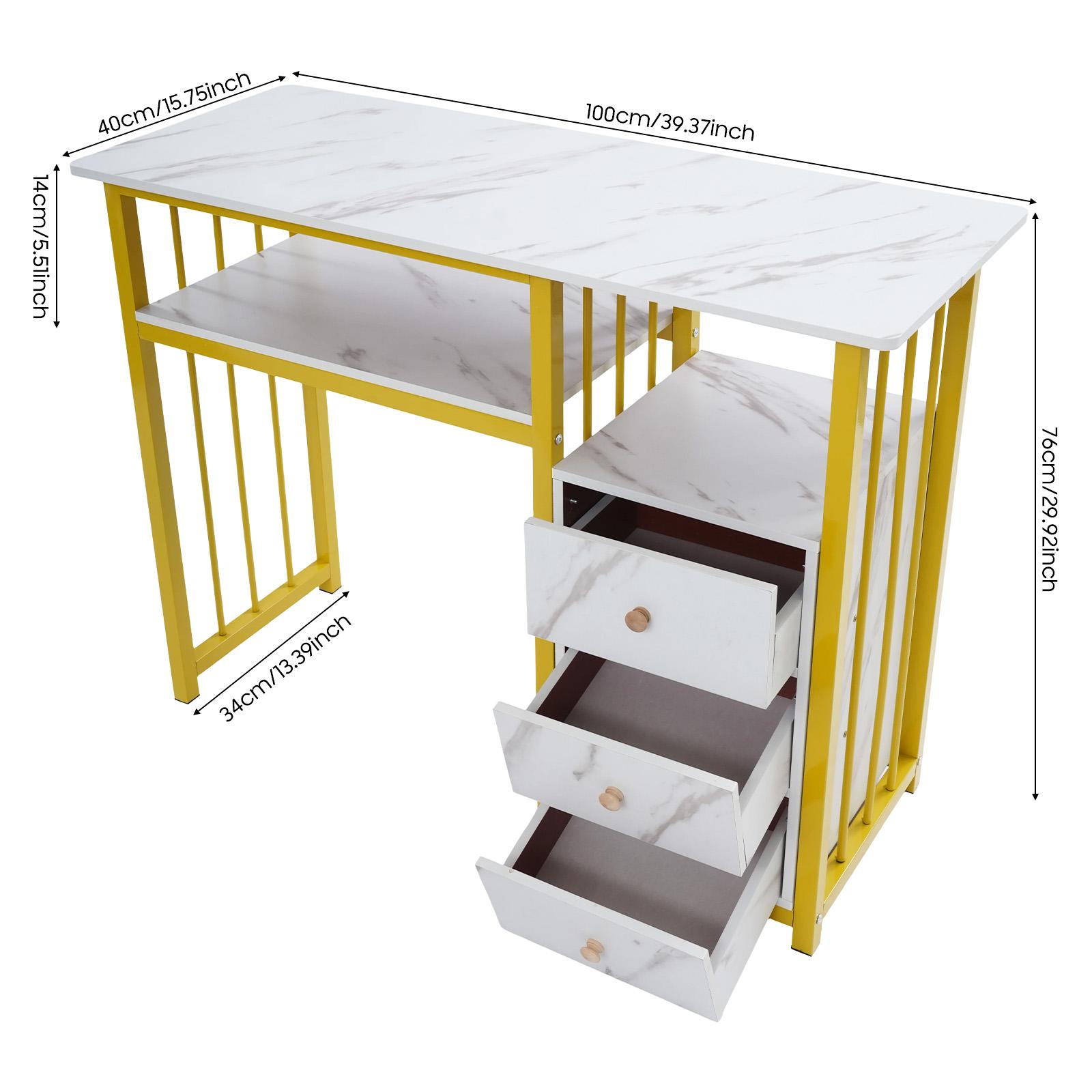 3-Drawer Manicure Table with Marble Texture & Open Shelf, 66 lbs Load Capacity Density Board & Steel Frame Nail Desk for Salon Beauty Spa Home Office