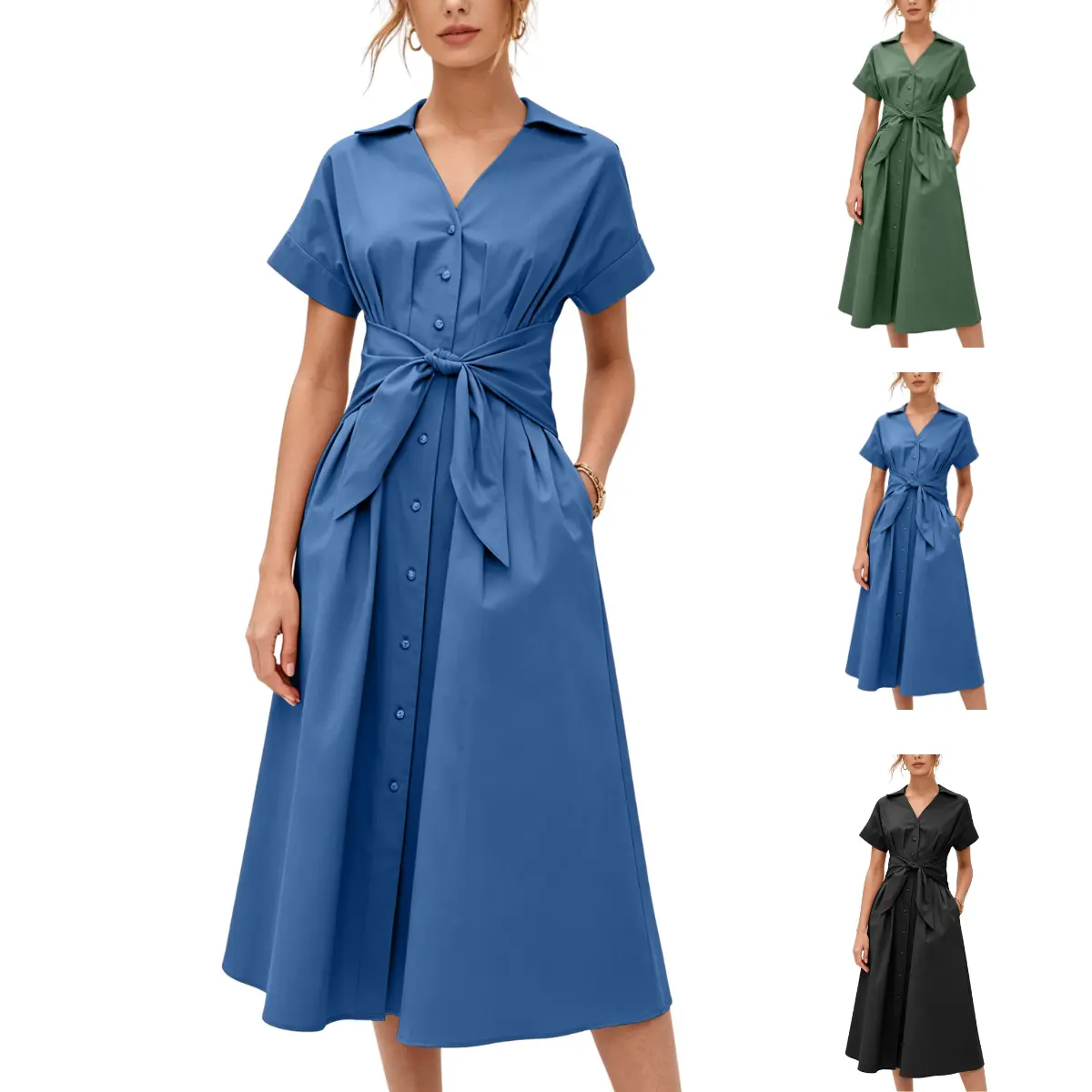 UANEO Women A-Line Shirt Dress with Pockets V Neck Short Sleeve Pleated Button Down Casual Summer Dresses Workwear with Tie