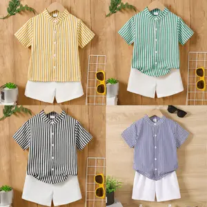Ready Stock 18m-6t Boys Clothes Stripes Summer Stand Collar Shirt Elastic Shorts 2Pcs Outfits 122212601
