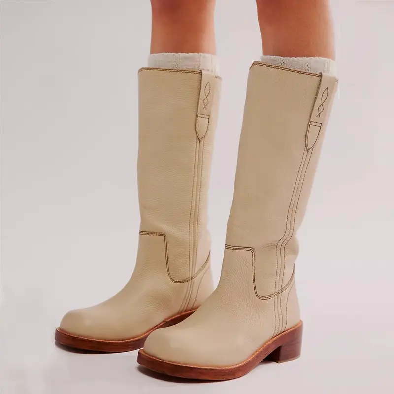 Women's Retro Mid-Calf Pull-On Boots - Casual Footwear Fashion, Round Toe, Soft PU Leather, Comfortable Chunky Heel Style, Thick Sole, Effortless Wear