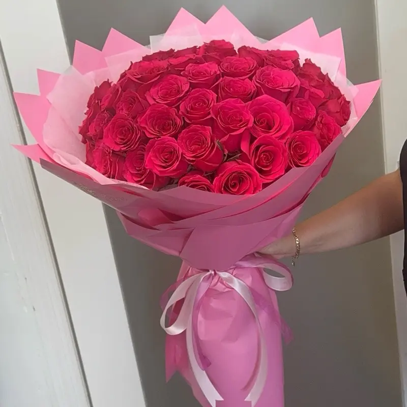 50 Dark Pink Roses Bouquet with Pink Wrapping and Bow for Special Occasions Perfect for Anniversaries and Valentine's Day
