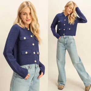 Eva Textured Knit Sweater Jacket with Gold Buttons | Women's Fall and Winter Fashion | Navy Blue Collared Sweater | Wear to Work | Trendy