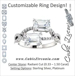 Cubic Zirconia Engagement Ring- The Harleigh (Customizable 2-stone Radiant Cut Artisan Style With Twisting Split-Pavé Band)