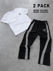 Two-piece Set Men's Letter Print Drop Shoulder Tee & Tracksuit Pants, Regular Fit Round Neck Short Sleeve T-shirt & Jogger Pants for Daily Wear, Men Two-piece for All Seasons, Athleisure Wear Set, Sports Outfit