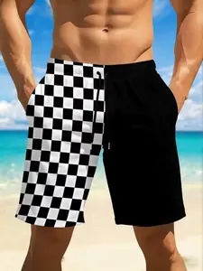 Men'S Quick-Dry Swim Trunks with Vibrant Red& Black Geometric 3Dprint- Casual, Regular Fit, Perfect for Beach, Pool, Gym, And Outdooractivitie