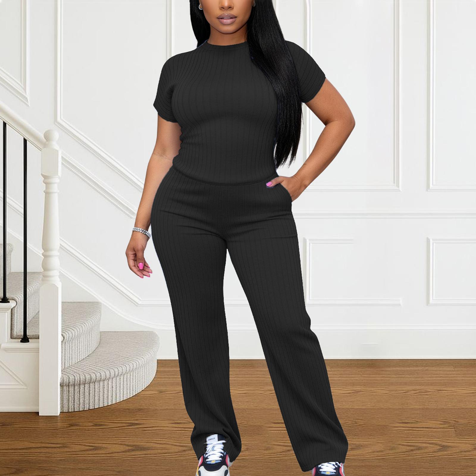 Women's All-Season Ribbed Knit Set - Thin Lightweight Fabric, Crew Neck Short Sleeve Tee & Wide Leg Pants with Pockets, Comfy for Loungewear, WFH & Weekend Casual Women's All-Season Ribbed Knit Set - Thin Lightweight Fabric, Crew Neck Short Sleeve Tee & Wide Leg Pants with Pockets, Comfy for Loungewear, WFH & Weekend Casual