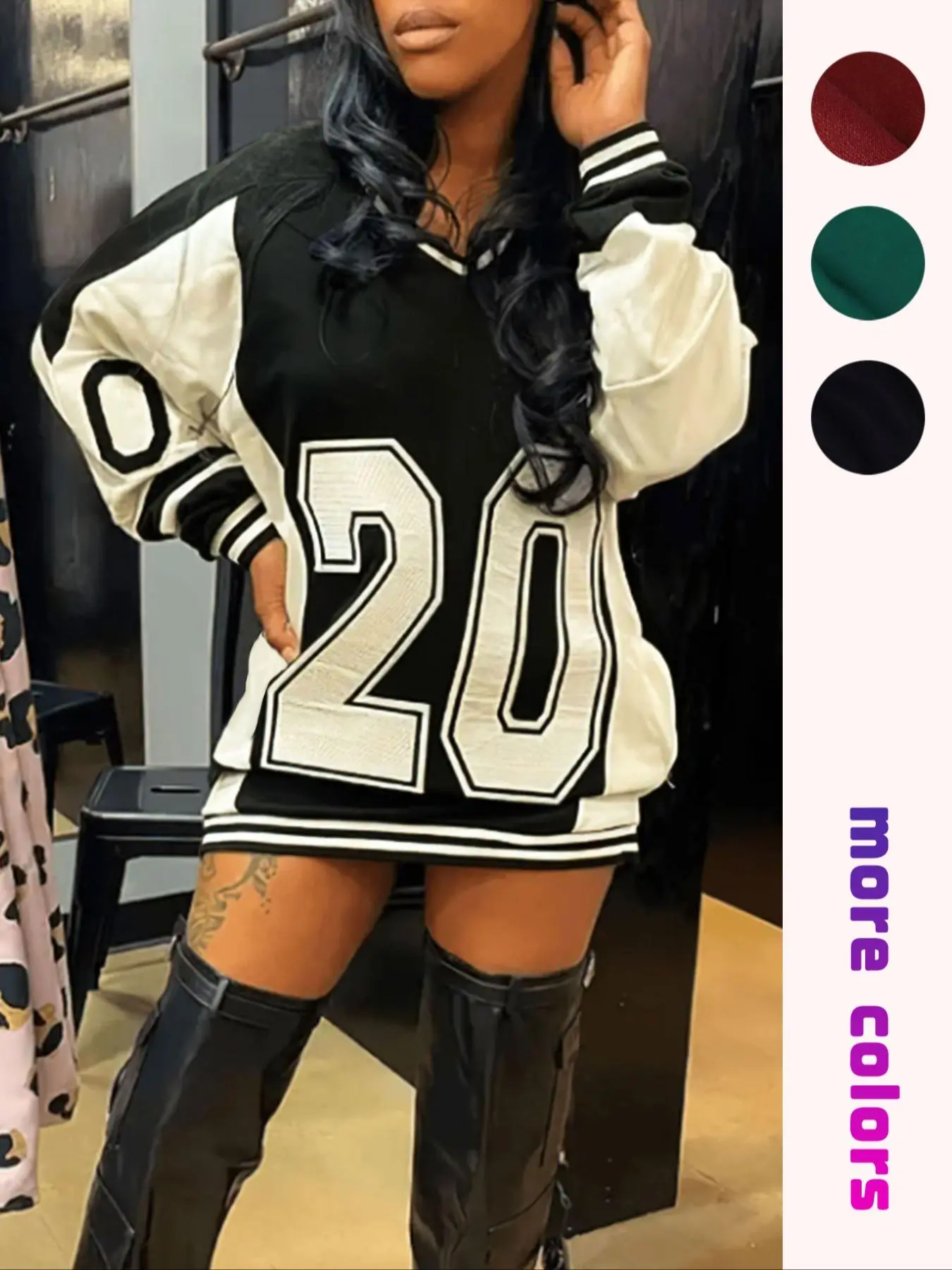 Women's Colorblock & Number Print Drop Shoulder Jersey Sweatshirt, Fashion Casual Vibe V Neck Long Sleeve Fitted Pullover for Daily Outdoor Wear, Ladies Summer Clothes, Tops, Fit, Everyday, Casual Pullover Sweatshirts, Womenswear