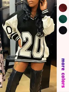 Women's Colorblock & Number Print Drop Shoulder Jersey Sweatshirt,  Fashion V Neck Long Sleeve Fitted Pullover for Daily Outdoor Wear, Ladies Summer Clothes, Fit