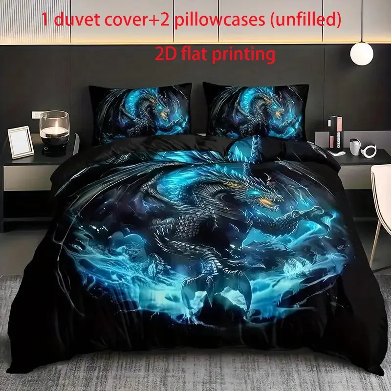 A 3-piece set of Storm Dragon digital printed bedding, Comfy Bedding Set, Decorative Bedding Set, made of polyester material, including 1 duvet cover and 2 pillowcases (unfilled), preferred for bedrooms, dormitories, holidays