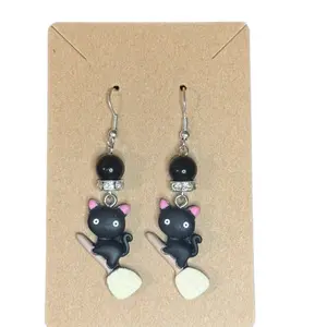 Black Cat on Broomstick Earrings - Cute Witchy Halloween Jewelry Handmade Polymer Clay Cat Earrings Spooky Gothic Gift for Her