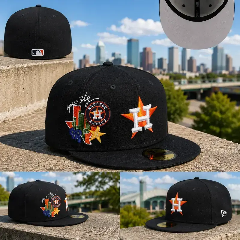 Houston Astros City 59FIFTY Fitted Hat New Era Flat Brim Cap Houston Texas Embroidered Baseball Cap Streetwear Hip Hop MLB Style Men's Women's Adjustable Fashion Sports Hat Game Day Gift Trendy Unisex