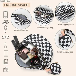 Black & White Checkerboard Crossbody Saddle Bag with Mini Pouch, Adjustable Wide Strap, Gold Zippers, Retro Streetwear Vibe, Perfect for Concerts, Errands & Bold Everyday Style