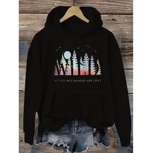 Stylish Letter Print Polyester Hoodie For Women With Kangaroo Pocket Ideal For Spring And Fall Seasons