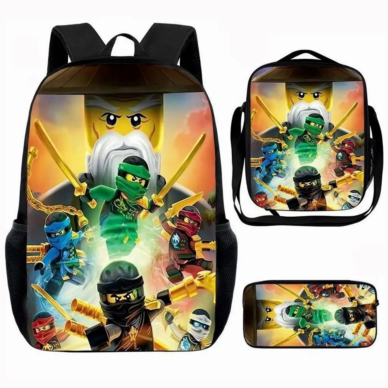 Elemental Ninja Warrior 4PCS School Backpack Set, Spin Fighting Ninja Bookbag with Matching Crossbody Bag, Insulated Lunch Bag and Pencil Case for Boys