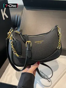 Women's Fashionable Chain Strap Baguette Bag, Casual Solid Color Stylish Crossbody with Chain Shoulder Bag for Daily Used, Trendy Versatile High-quality Daily Commuting Stylish Chain Bags, Crossbody Purses, Handbag Shoulder Purse