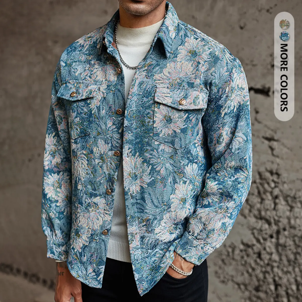 Menswear Floral Jacquard Shacket - Elegant Stylish Color Block Lapel Open Front Long Sleeve Top, Casual Workwear Outerwear for Commute & Travel, Spring Autumn Versatile Print Coat