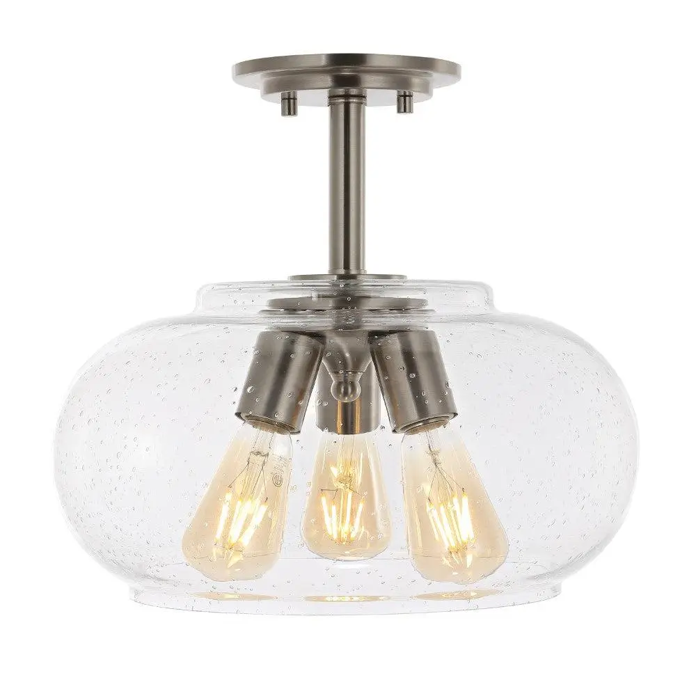 JONATHAN Y Lina Modern Industrial Iron/Seeded Glass LED Semi Flush Mount; for Living Room, Bedroom, Kitchen, Office
