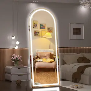 Tempered Glass Full Length Mirror with Lights, White Frame Arch Led Mirror Full Length and 3 Colors Temperatures & Brightness Adjustable, Light-up Mirror Full Body for Bedroom | Living Room Decor Collection Installation .