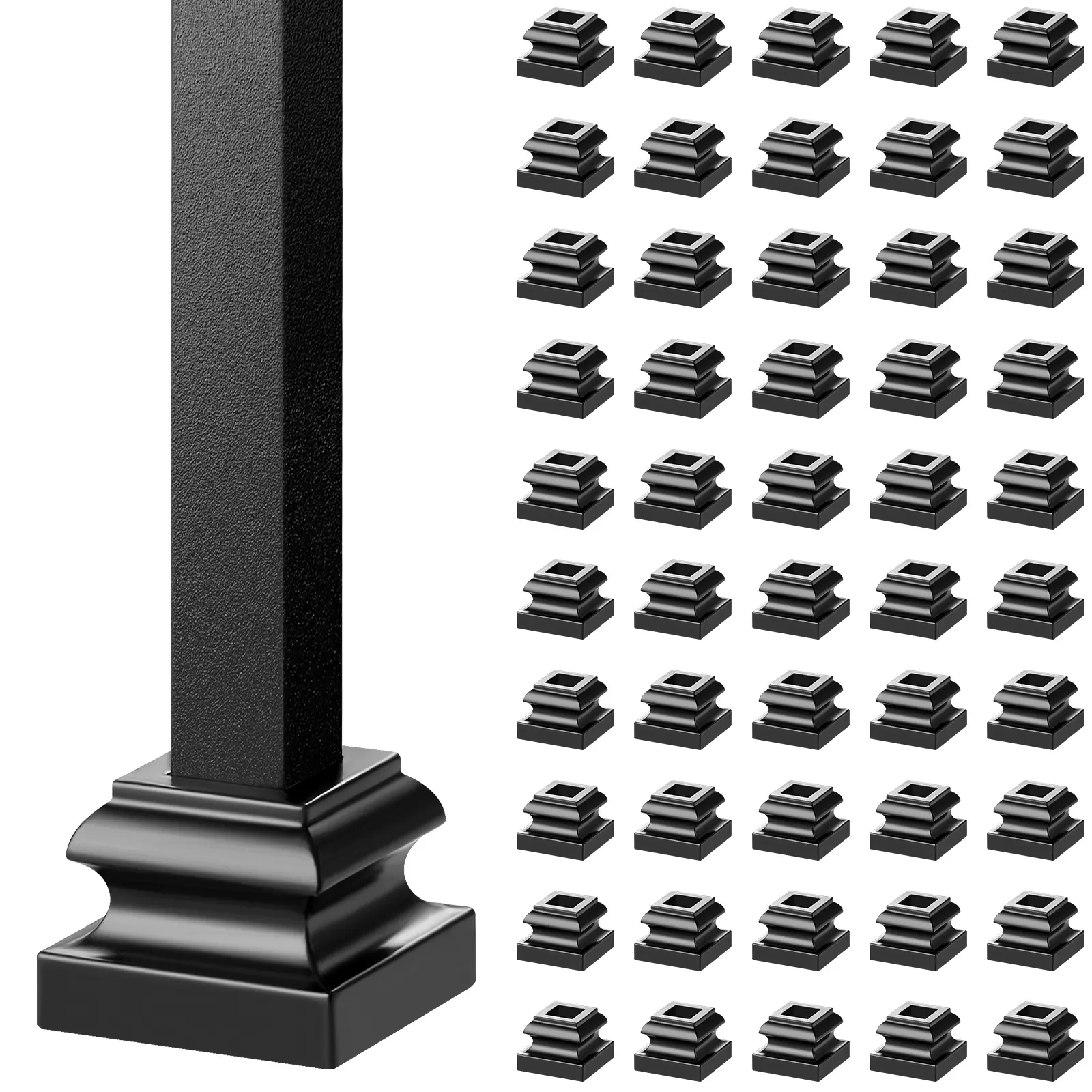 【summerfinds】VEVOR Aluminum Alloy Baluster Shoes Stair Flat Shoe with Screw Holes for 1/2 Inch Square Scroll Basket Twist Knuckle Staircase Balusters Metal Spindle Railing, Satin Black (50 Pcs), Hardware, Parts, Square Metal Sliders
