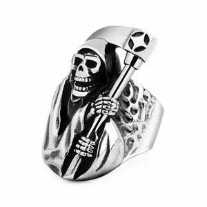 Retro Titanium Steel Ring Deathscythe Skull Head Men's Ring