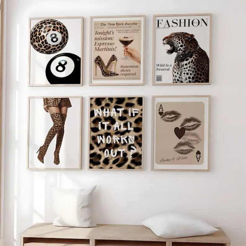 Leopard Wall Art Set of 6 Trendy Y2K Fashion Poster Aesthetic College Dorm & Apartment Decor Leopard Print Gallery Wall lucky 8 ball Print